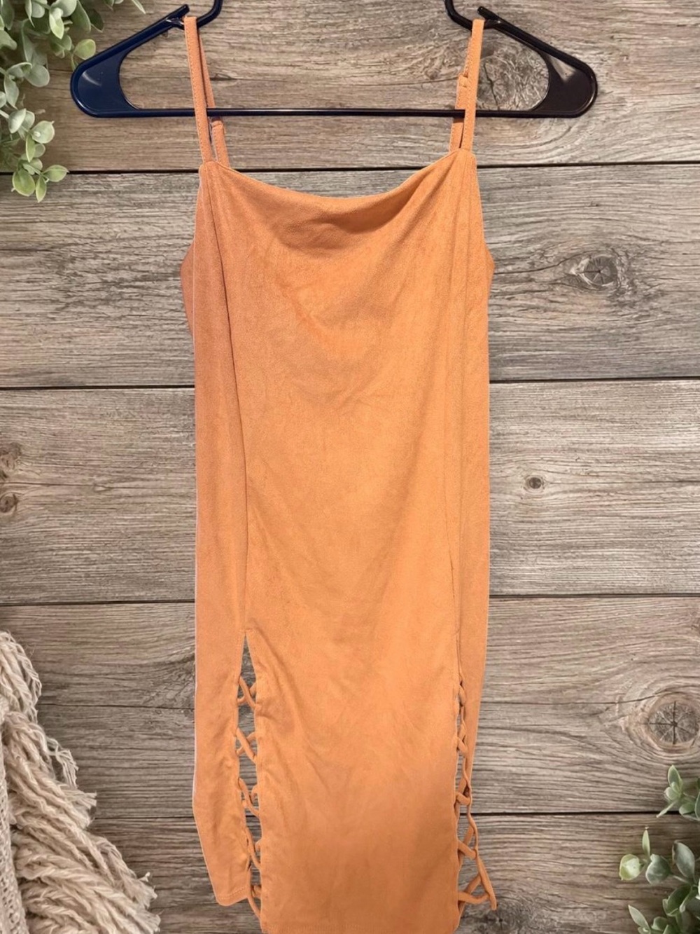 Women’s Tan Strappy Bodycon Dress with Side Lace-Up